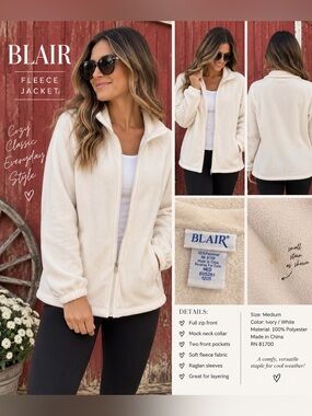 Blair Women’s Ivory White Fleece Full Zip Jacket Medium Mock Neck Pockets